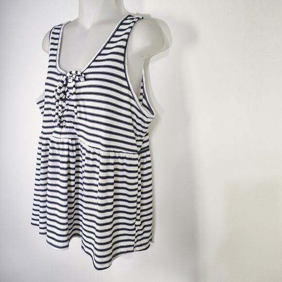 Maurices Womens Babydoll Peplum Tank Top Large White Navy Blue Striped Lace Up - Picture 3 of 9